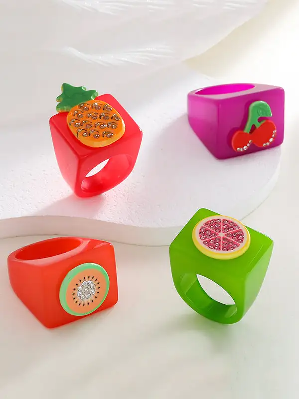Geometric Fruit Motif Rhinestone Ring
