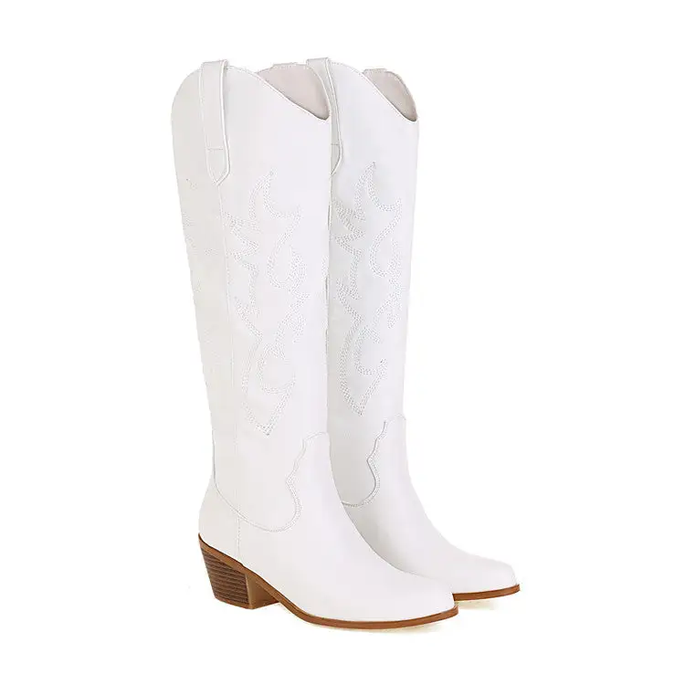 Embroidery Pointed Toe Knee-High Cowboy Boots Block-Heel Knee-High Western Boots