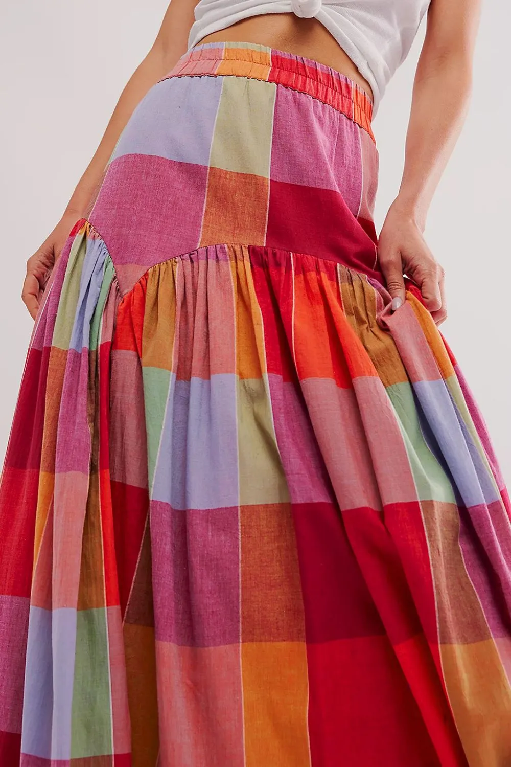 Color Block Elastic Waist Skirt