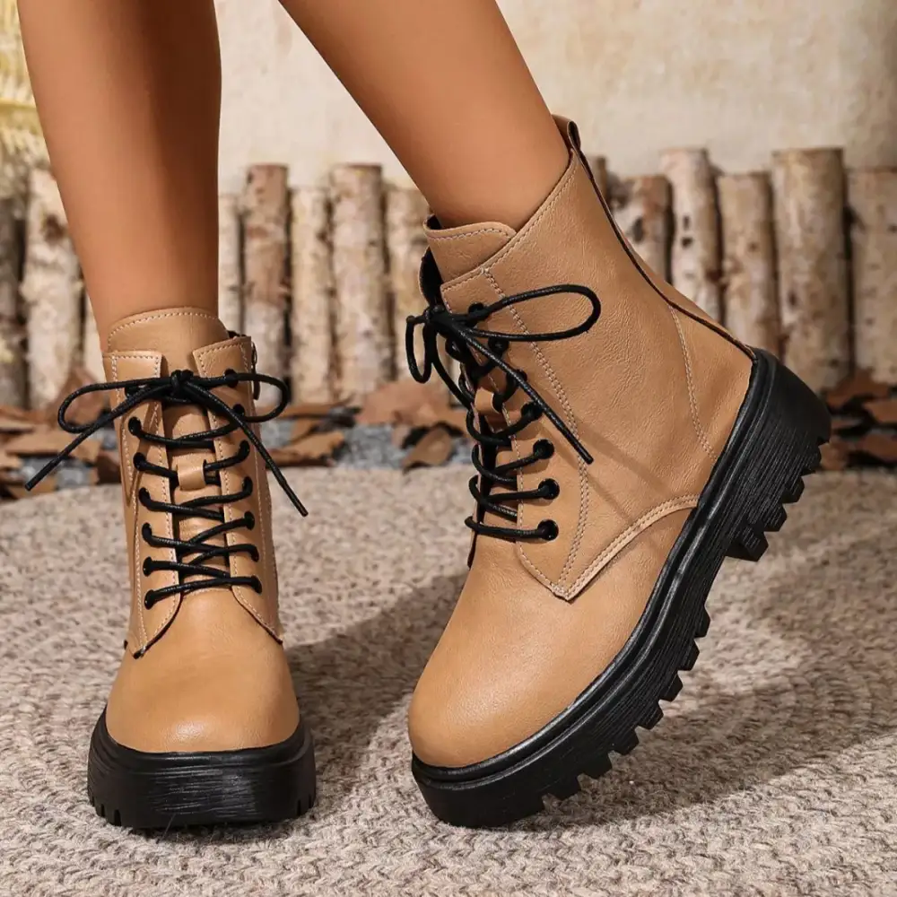 Textured Lace-Up Ankle Combat Boots