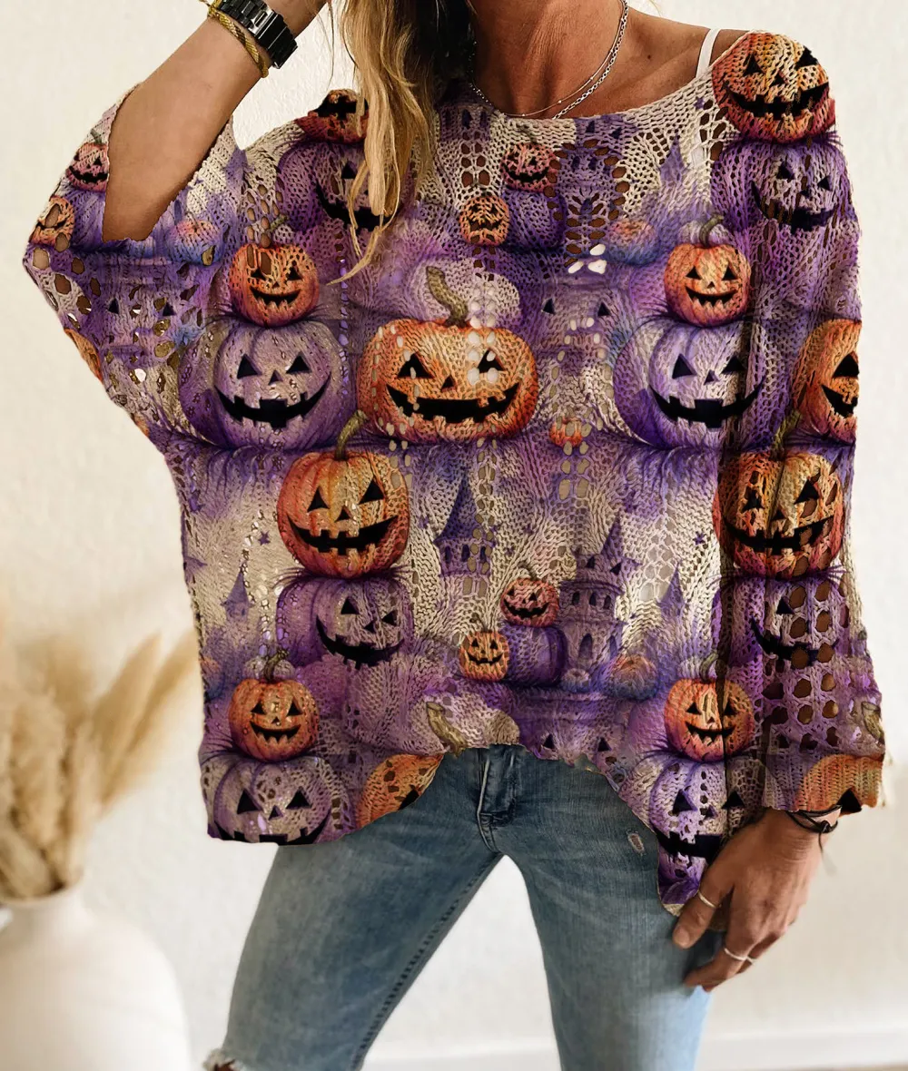 Halloween Long Sleeve with Diamond Cutout Bat Pumpkin Print