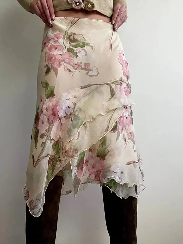 Floral Print Contrast Asymmetric Low-Waist Midi Skirt