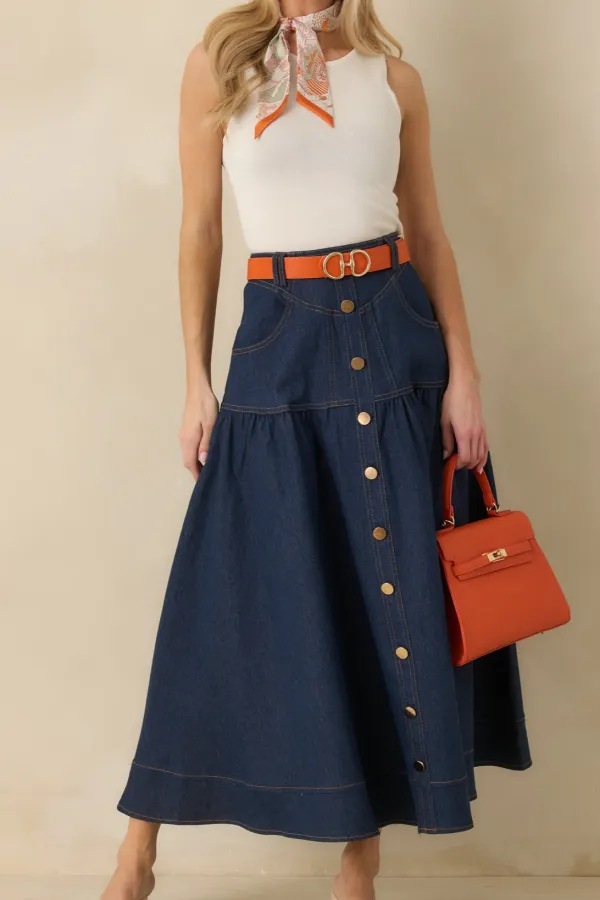 Country Dark Wash Denim Button-Down Maxi Skirt