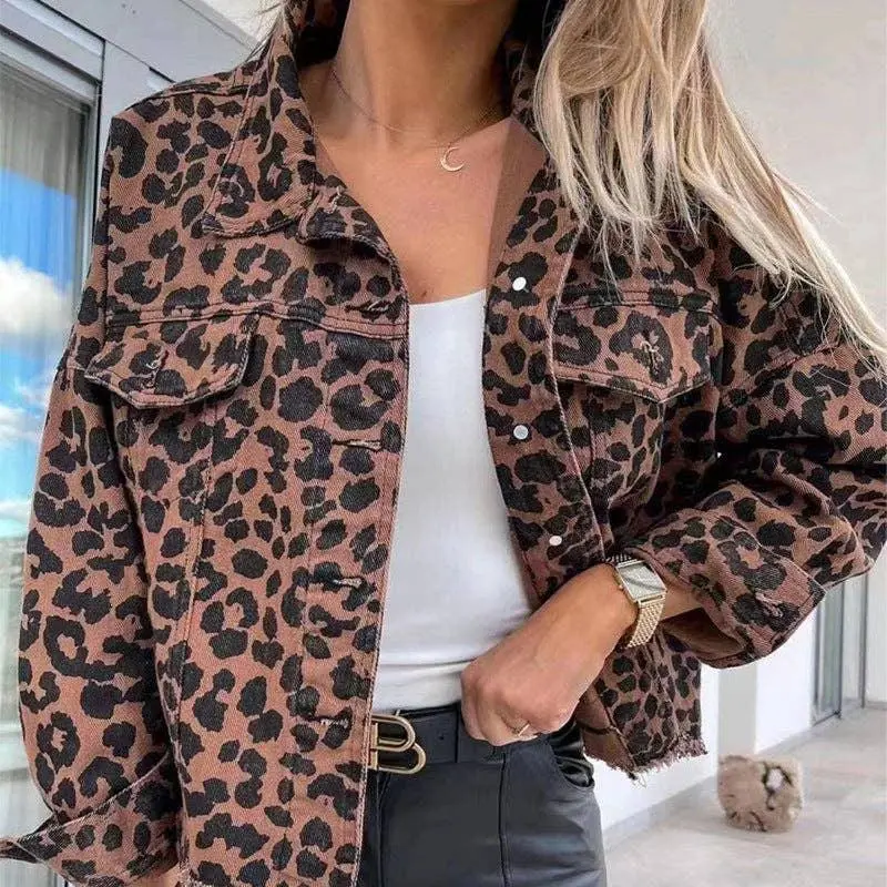 Long Sleeve Leopard Print Daily Denim Jacket