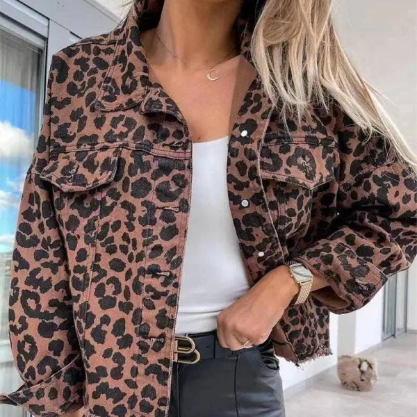 Long Sleeve Leopard Print Daily Denim Jacket