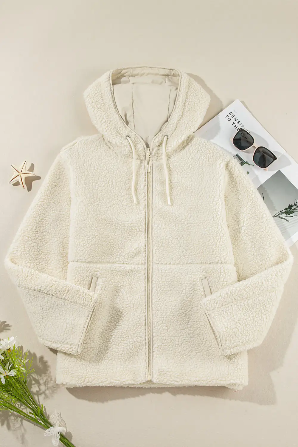 Fleece Zip-Up Drawstring Hooded Pocket Jacket