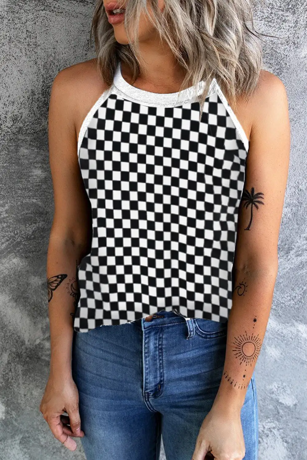 Plaid Neck Sleeveless Tank Top
