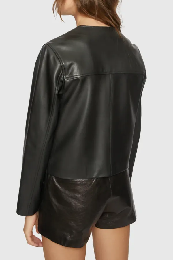 Stylish Crew-Neck Leather Jacket