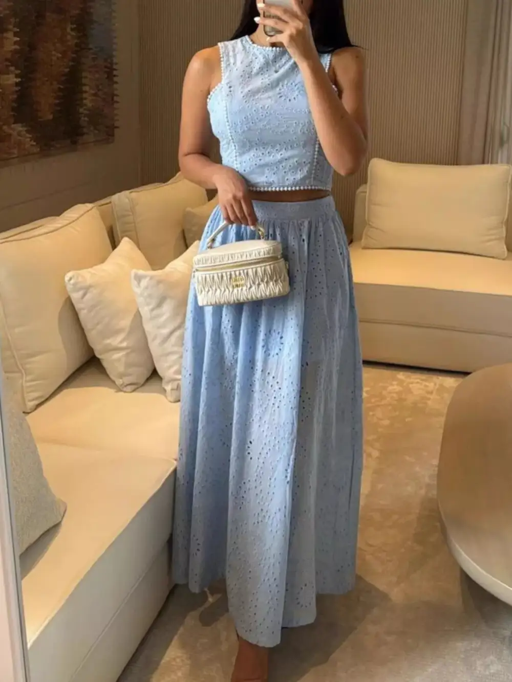 Cropped Eyelet Coordinated Set
