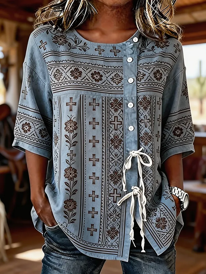 Women's Boho Cross Floral Print Western Tie Waist Button-Down Blouse