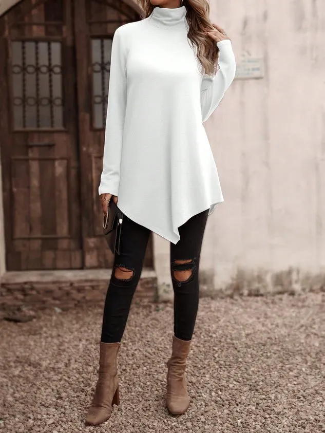 Casual Plain Turtleneck Long Sleeve T-shirt