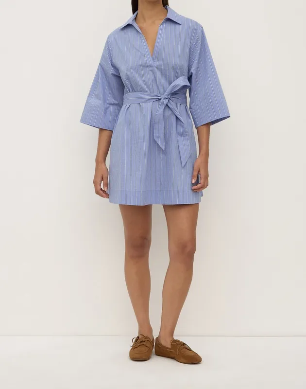 Blue & White Striped Mini Shirt Dress