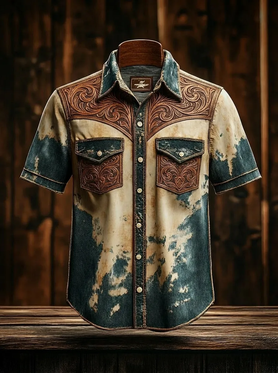 Men's Western Style Tooled Leather Print Acid Wash Printed Shirt