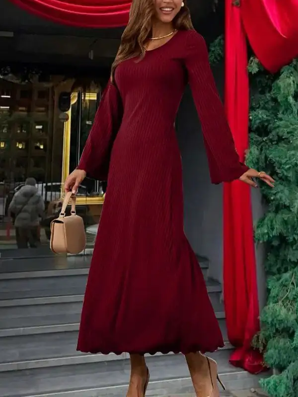 Sleeves Pleated Ruffled Long Neck Maxi Dress