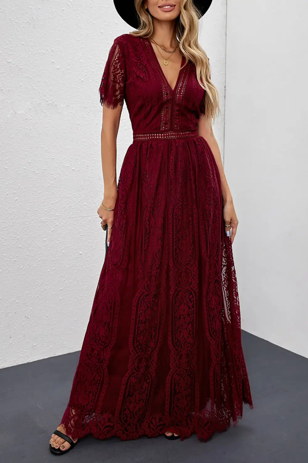 V-Neck Lace Maxi Dress