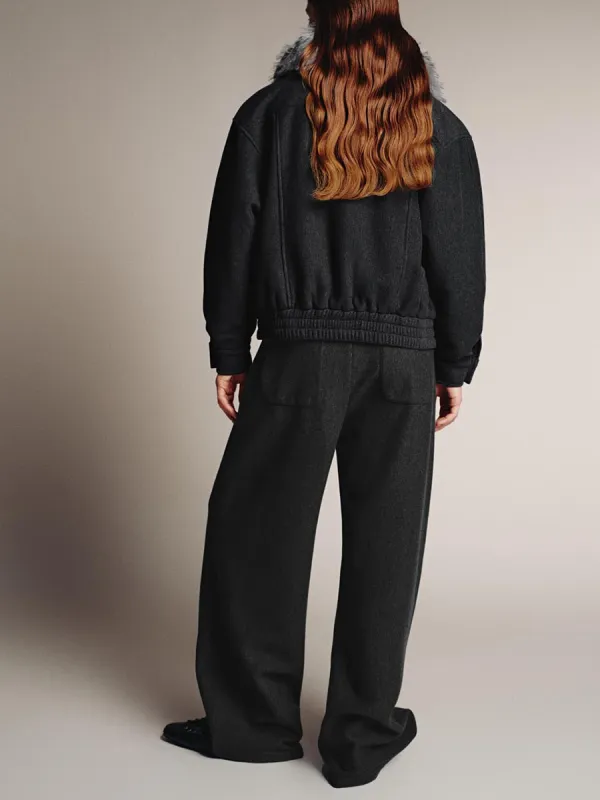 Ladies' Dark Grey Elastic Casual Straight-Leg Trousers