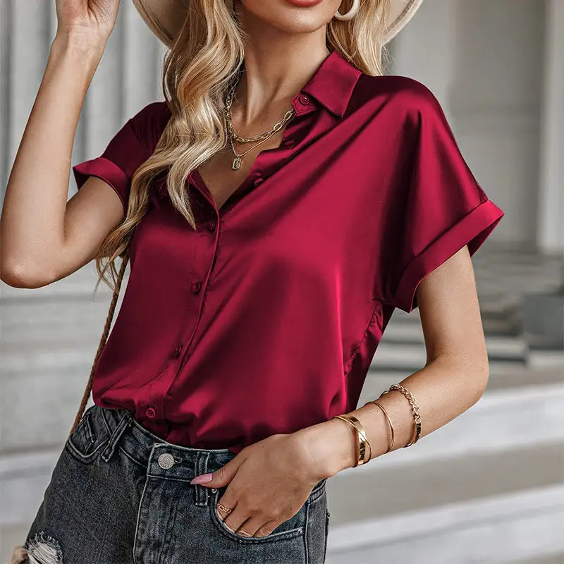 Button-up Lapel Short Sleeve Blouse