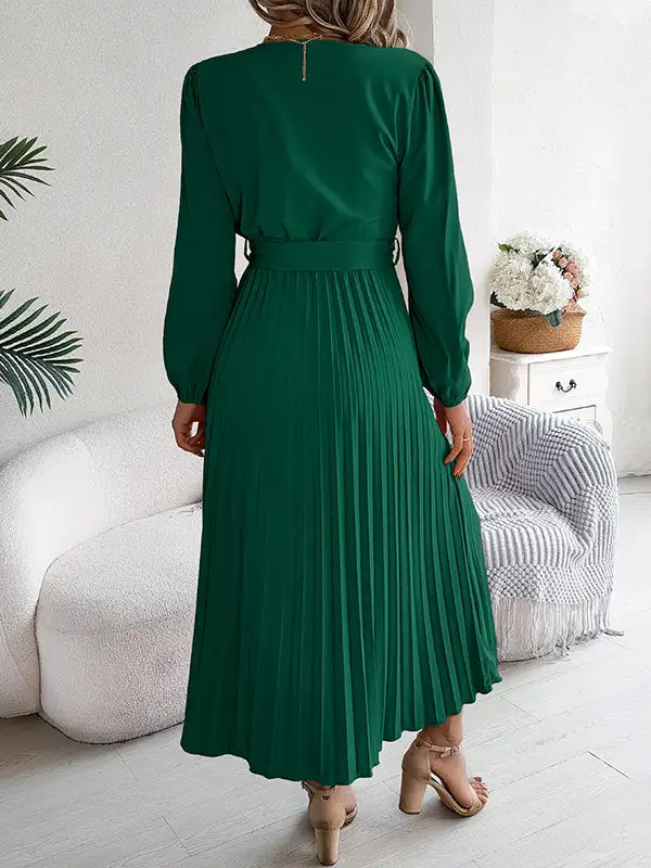 Pleated Buttoned Belted Long Neck Maxi Dress