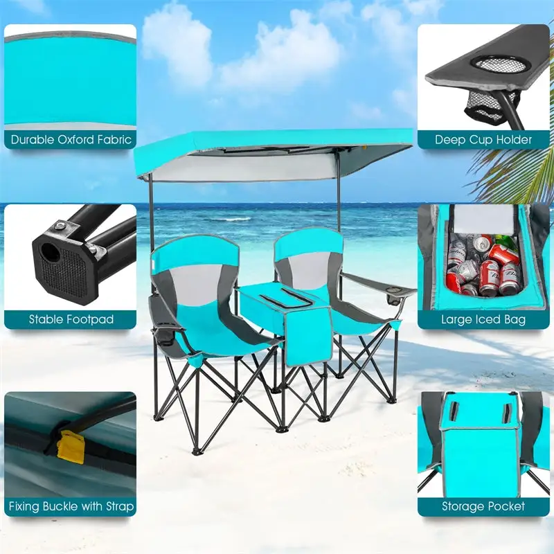 Folding Double Camping Chairs with Shade Canopy Portable Beach Chairs with Cup Holder