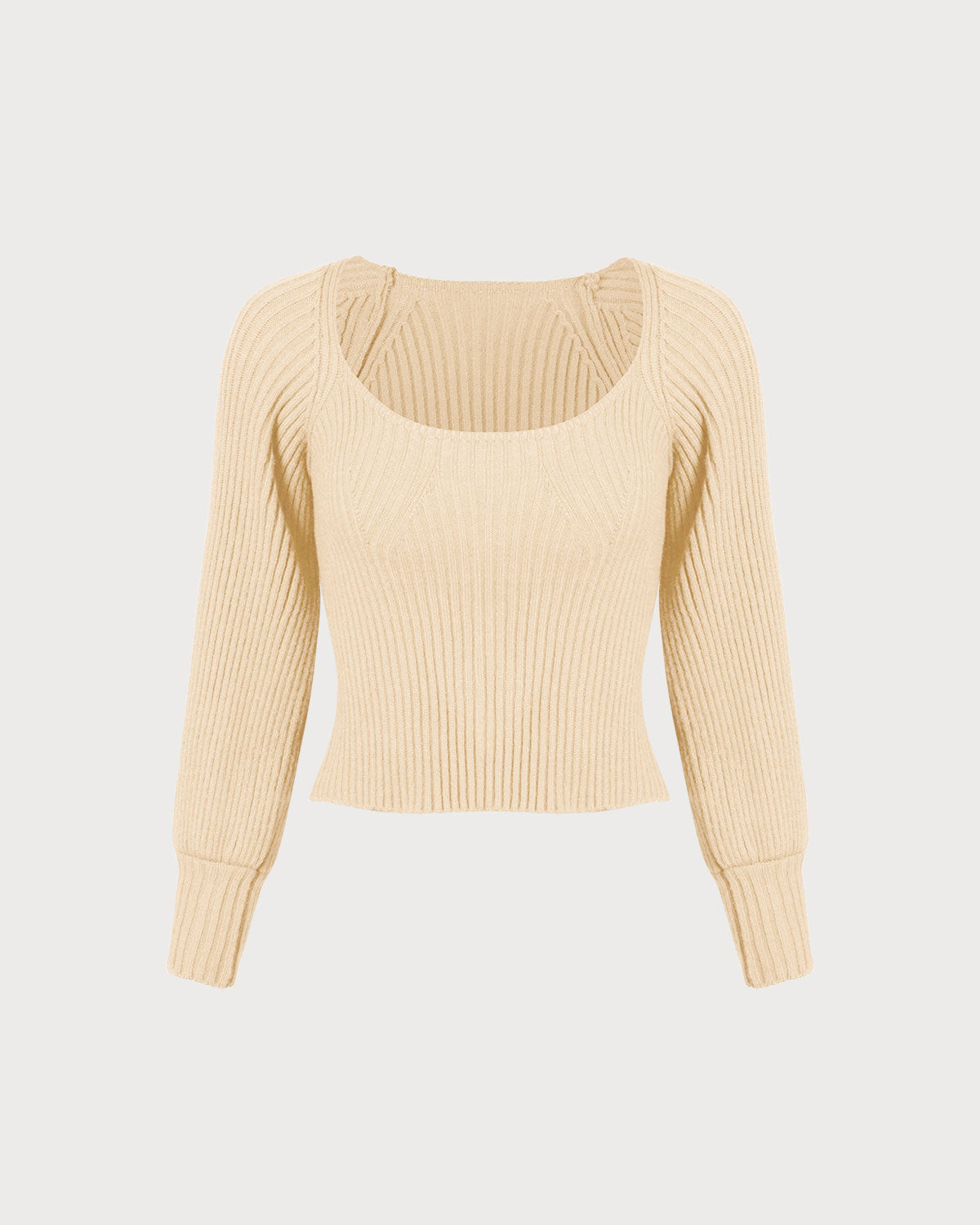 The Beige Scoop Neck Lantern Sleeve Sweater