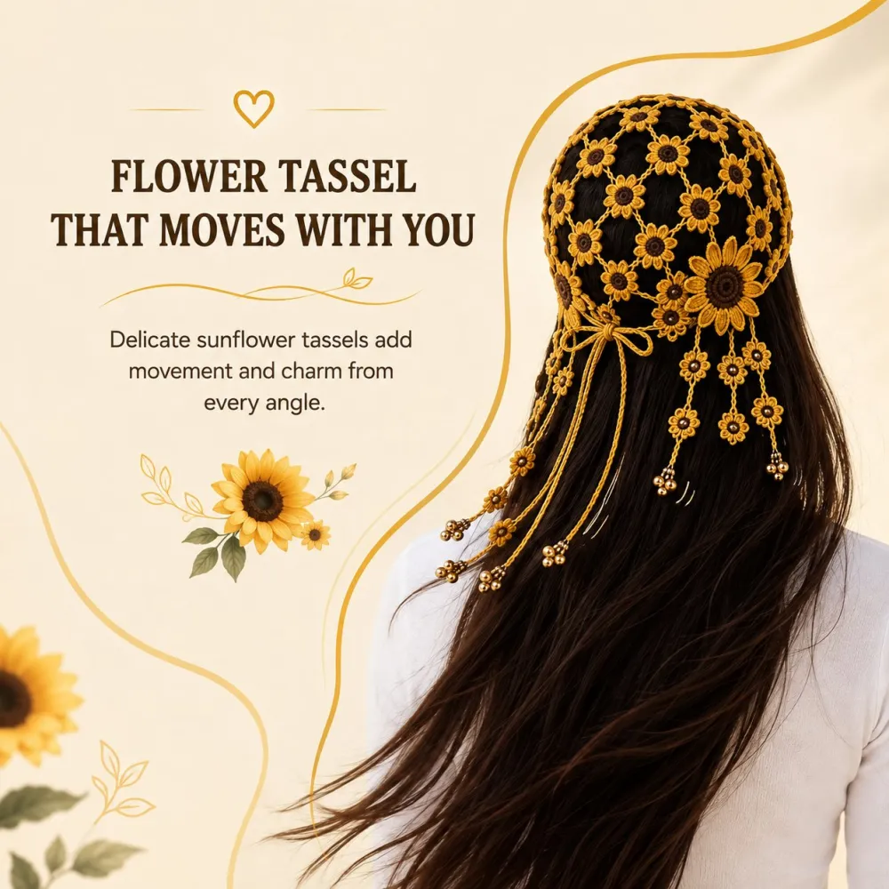 Hand‑Crocheted Sunflower Hollow Baseball Cap Bohemian Tassel Bell Hat