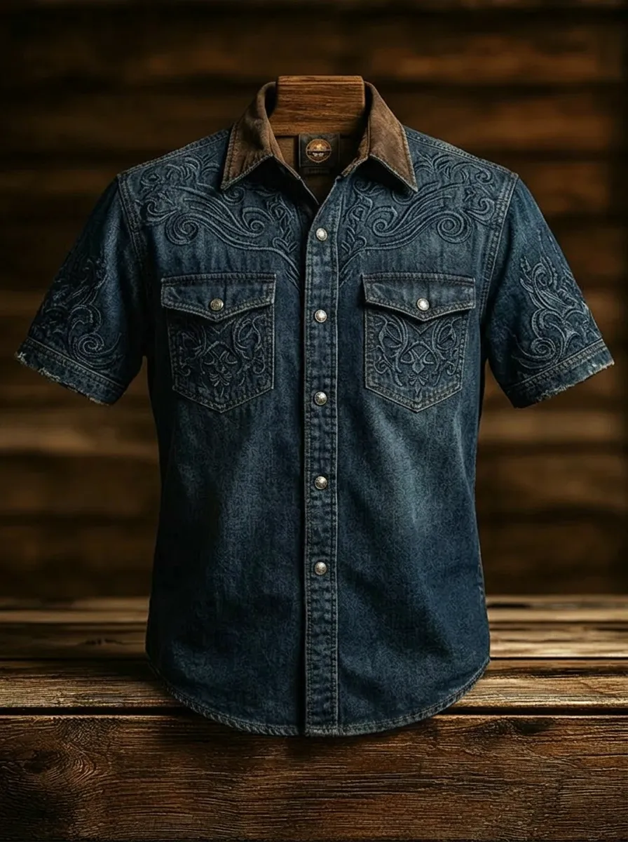 Men's Western Style Floral Embroidery Denim Printed Shirt