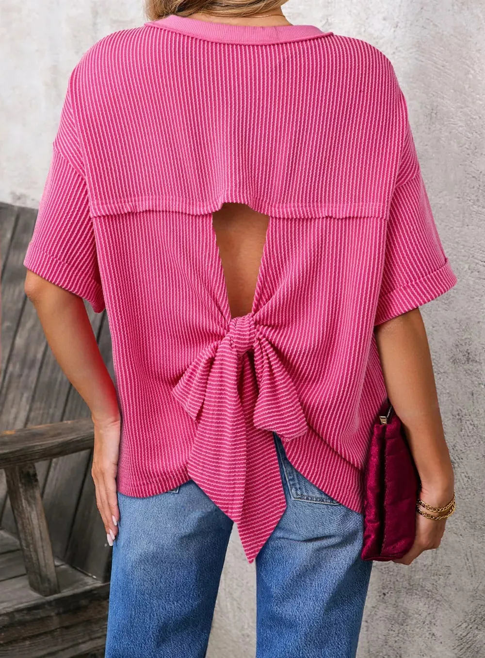Spiral Ribbed Cutout Bow Knot Back Oversize