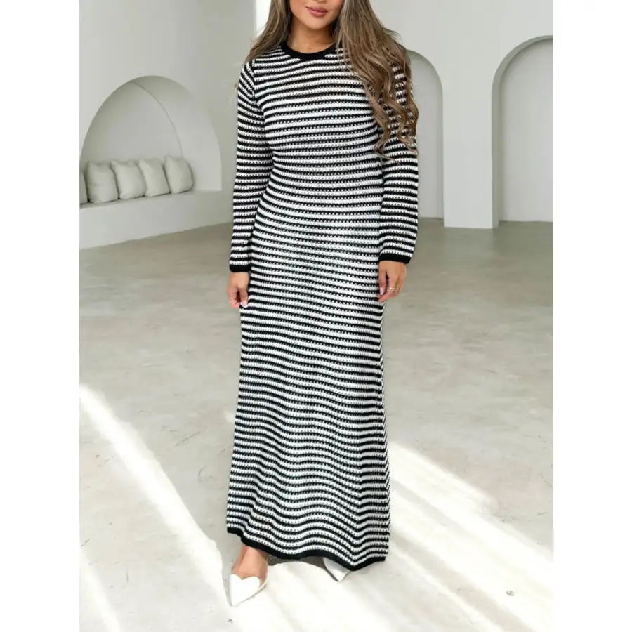 Devine Tied Round Neck Striped Sweater Dress