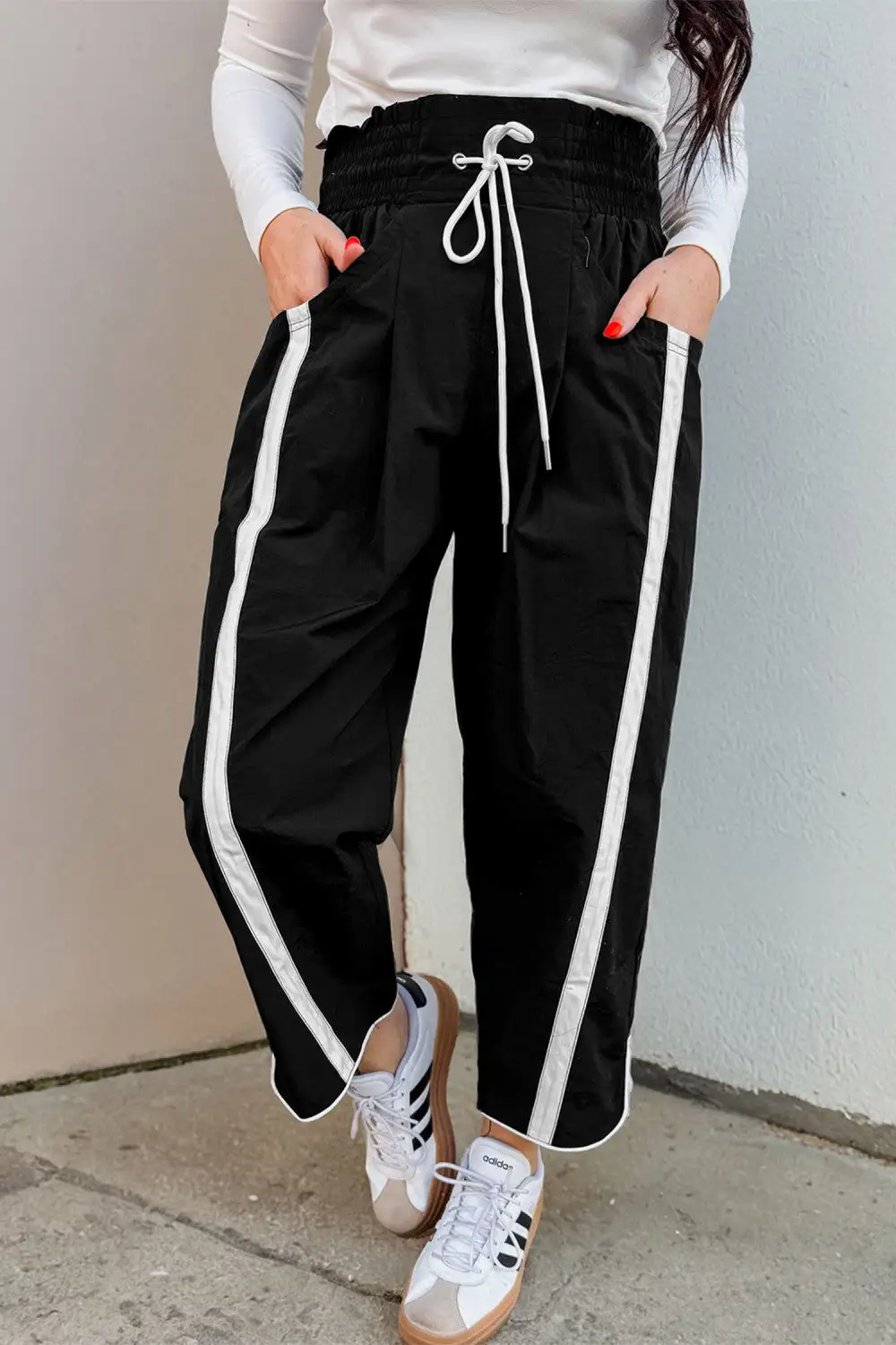 Tiered Contrast Striped High Waist Drawstring Pants