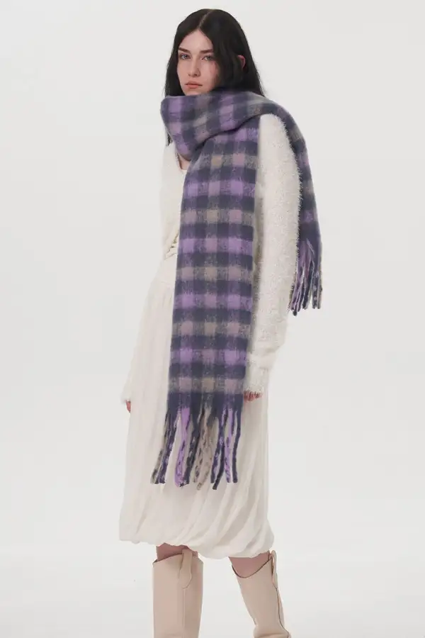 Fringe Plaid Polyester Scarf