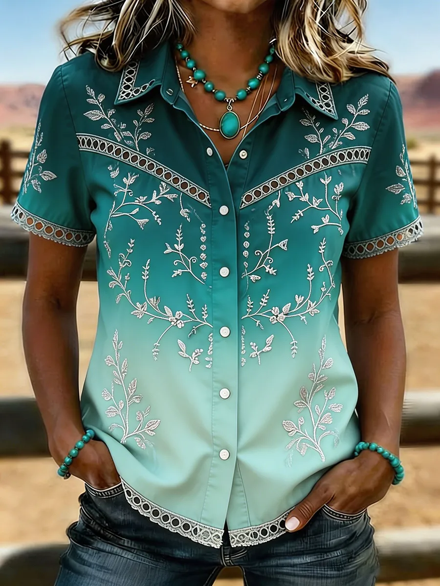 Women's Ombre Turquoise Floral Embroidered Western Button-Up Shirt