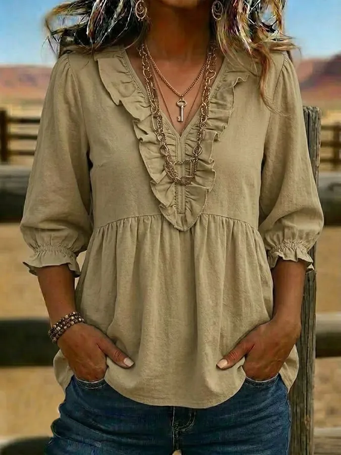 Women's Vintage Ruffled Casual Shirt
