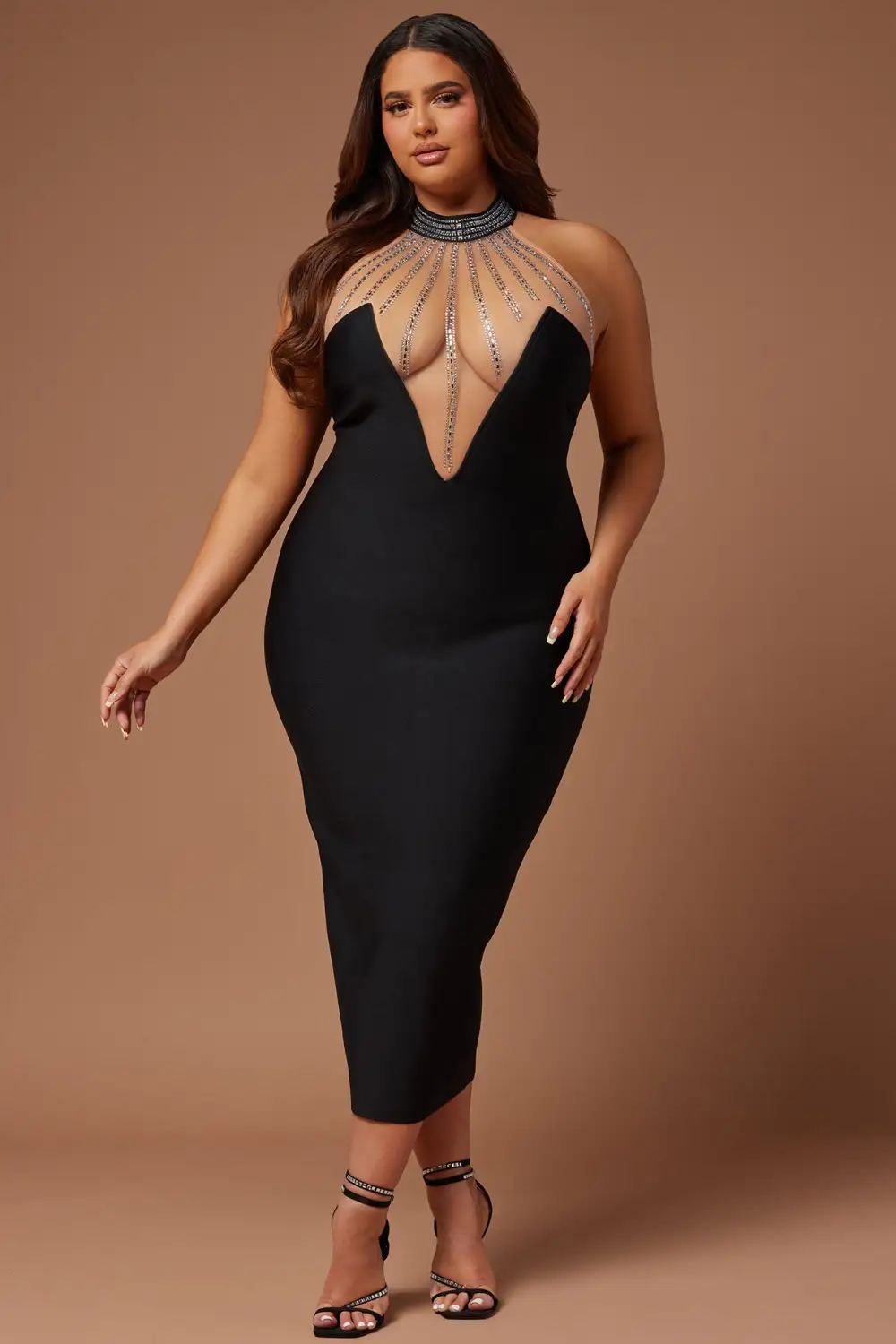 Lina Embellished Bandage Midi Dress - Black
