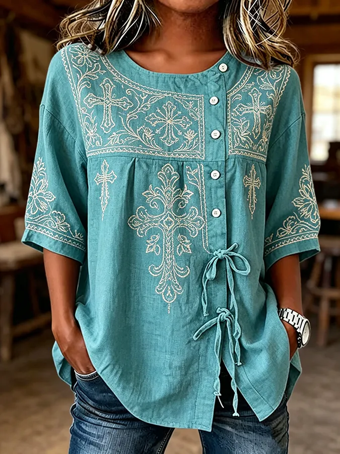 Women's Turquoise Cross Embroidered Tie Waist Western Linen Blouse