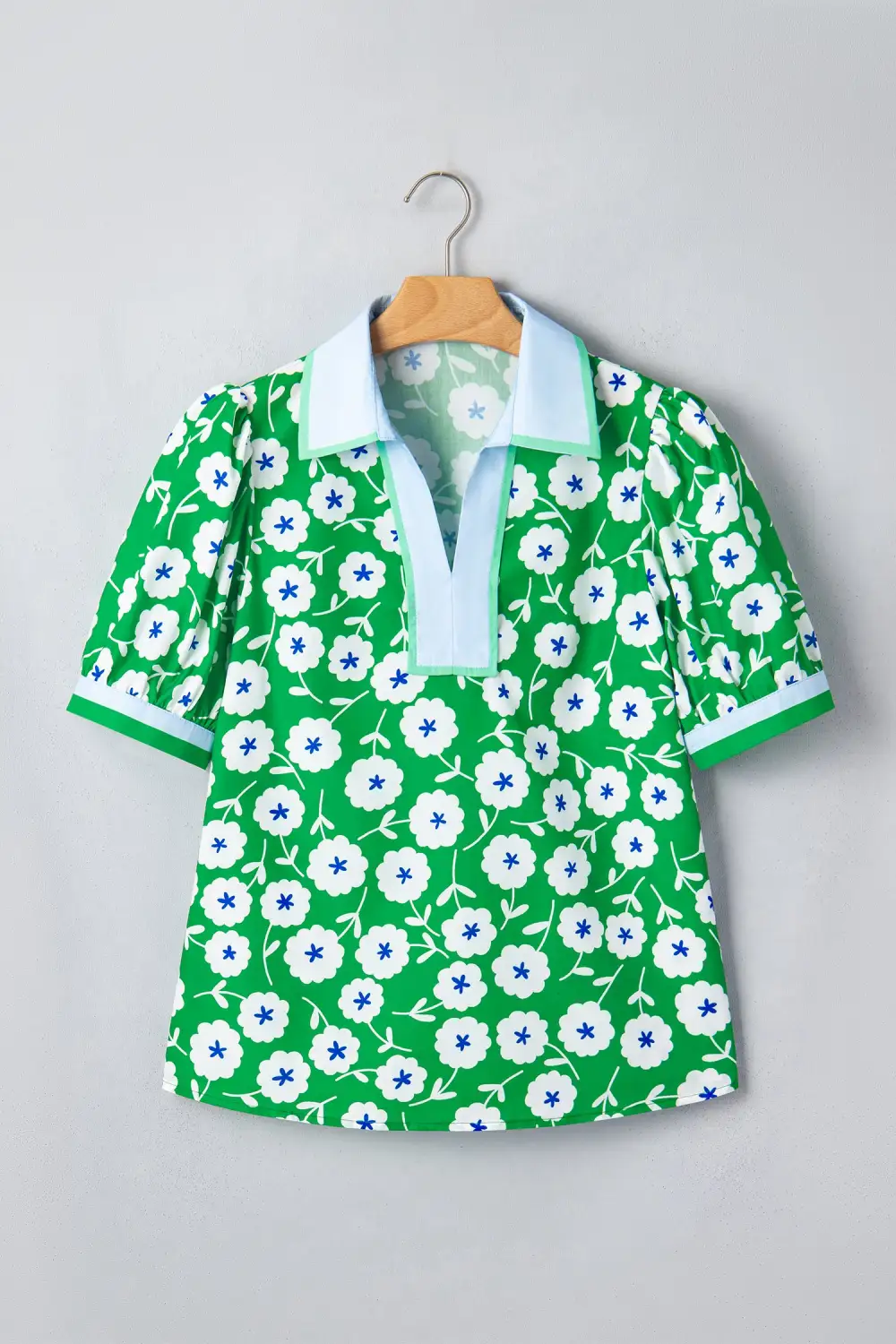 Green Flower Printed Contrast Patchwork Collar Short Sleeve Blouse
