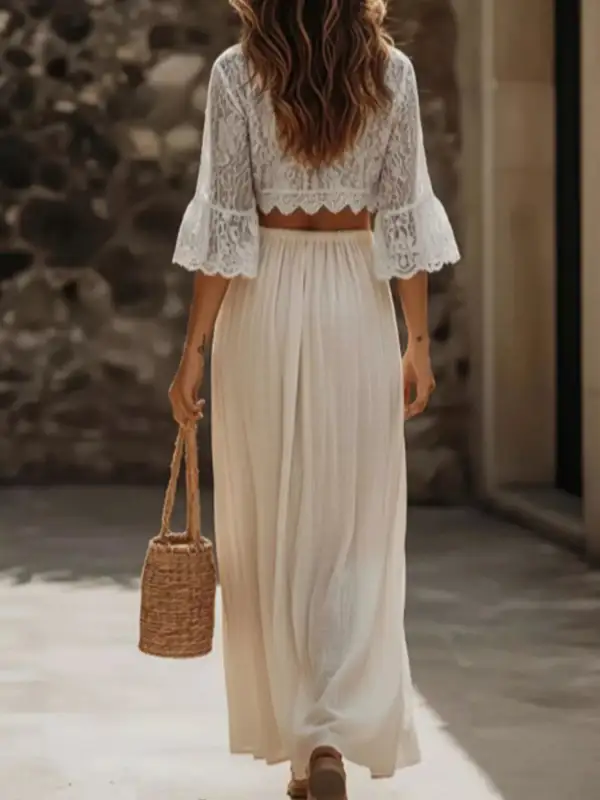 Trim Cropped Lace Detail Coordinated Set