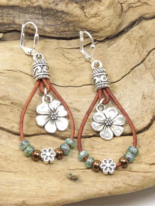 Ethnic Vintage Floral Pattern Leather Earrings Western Boho Dress Jewelry