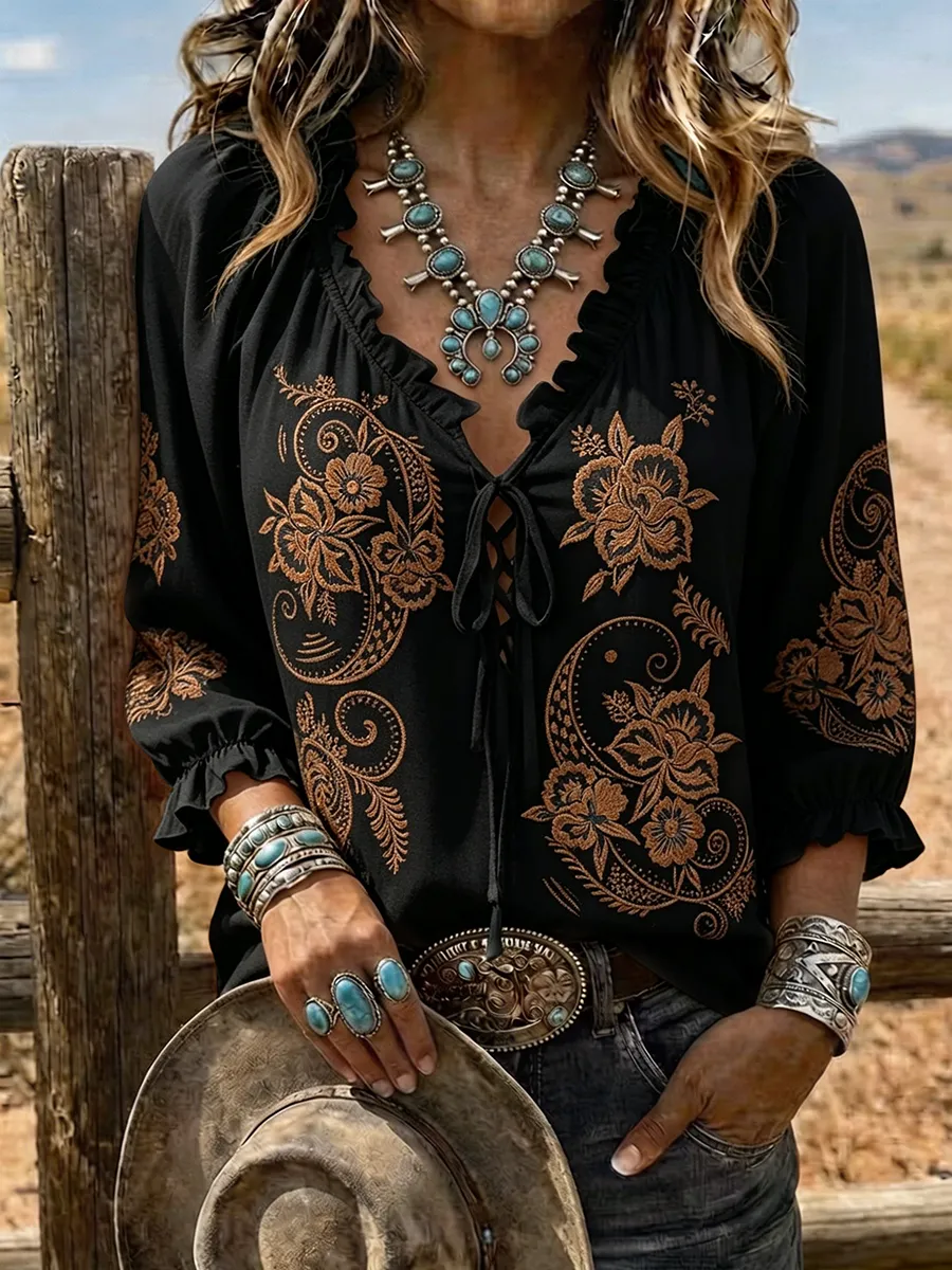 Women's Western Ombre Paisley Lace-Up Western Blouse