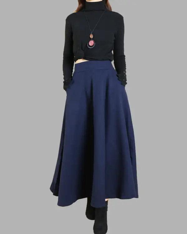 Relaxed Pocketed Wool Flared Maxi Skirt