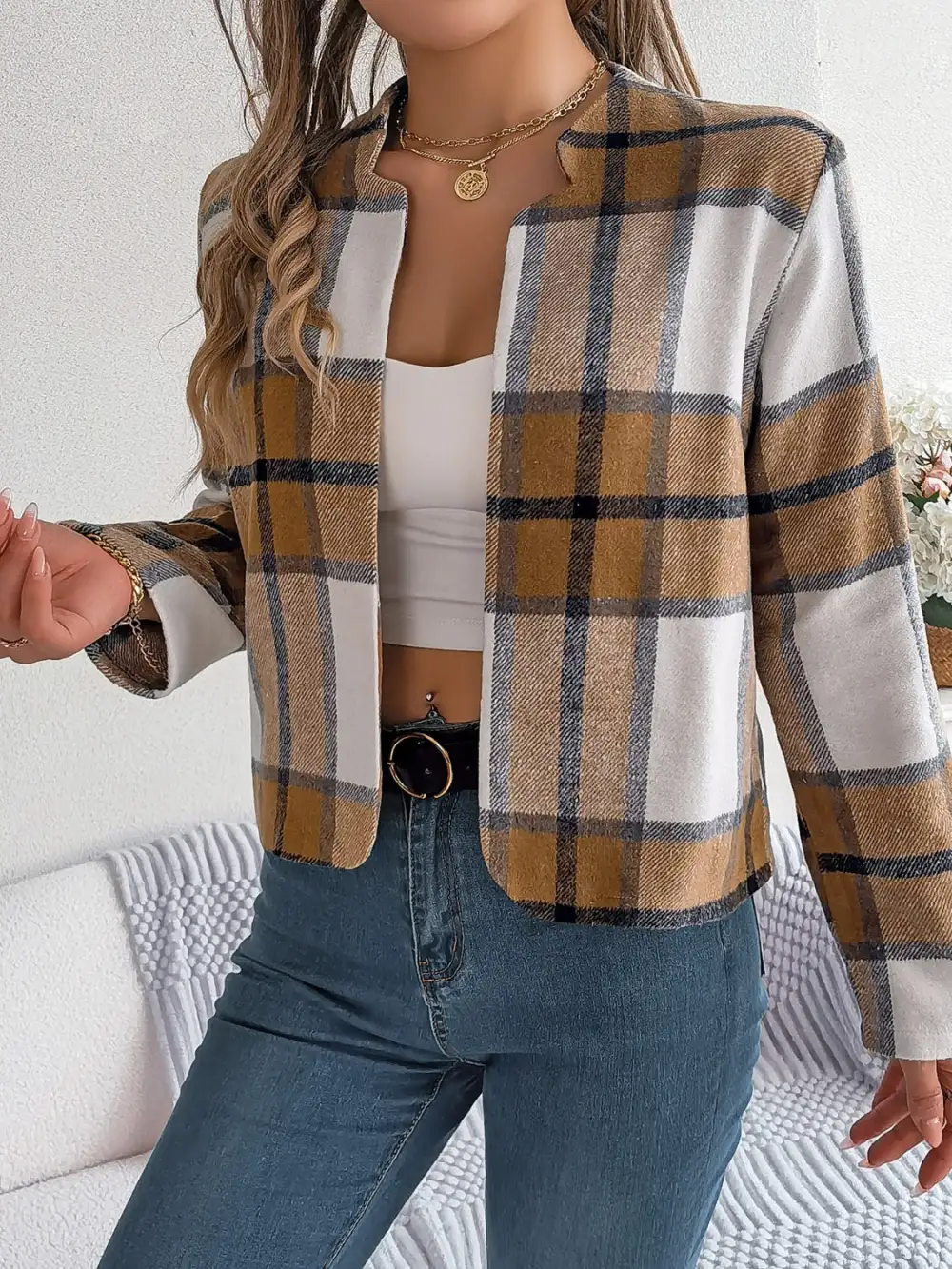 Plaid Open-front Long-sleeve Jacket