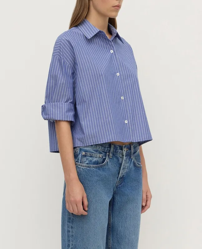 Blue & White Striped Cropped Cotton Shirt