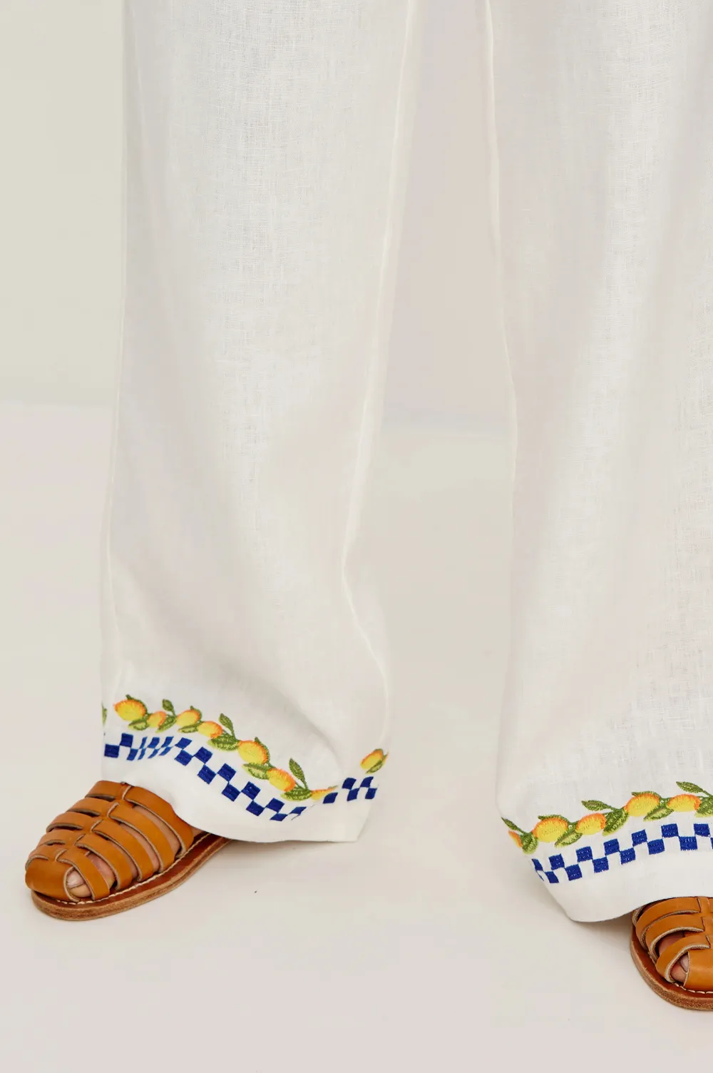 Ribbon-Hemmed Pure Cotton Plain-Colored Trousers