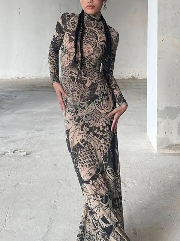 Sleeves Printed Long Neck Maxi Dress