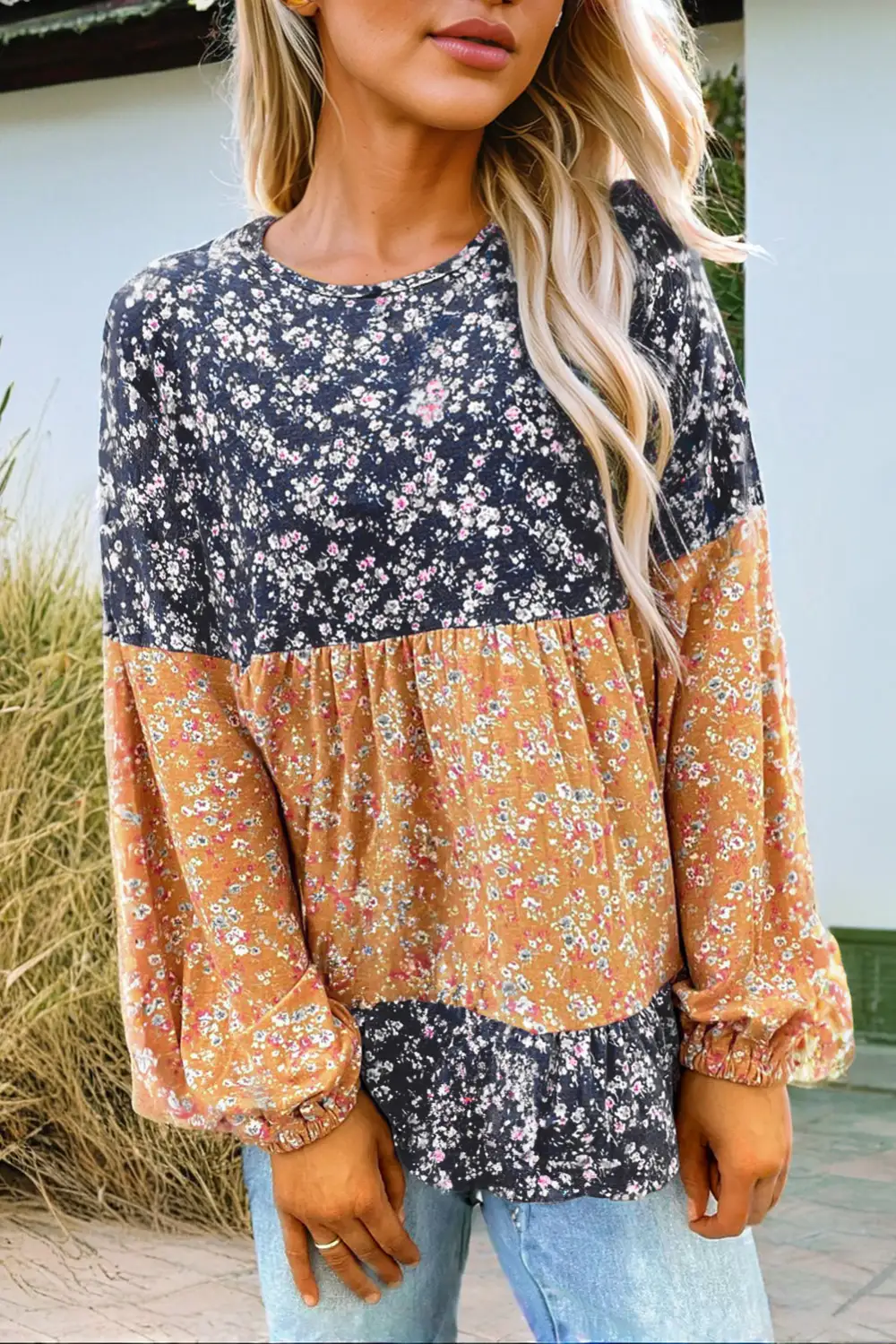 Floral Ruffled Patchwork Blouse