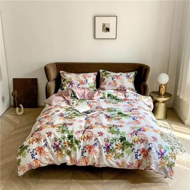 (Store Closing Sale) 6Pcs Luxury Egyptian Cotton Bedding Set Bright Flamingo Leaf Duvet Cover Bed Fitted sheet