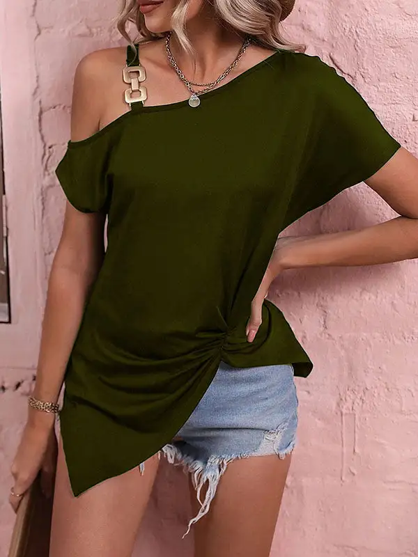 Relaxed Curve Fit Asymmetric Chains Pleat Detail One Shoulder T-Shirt