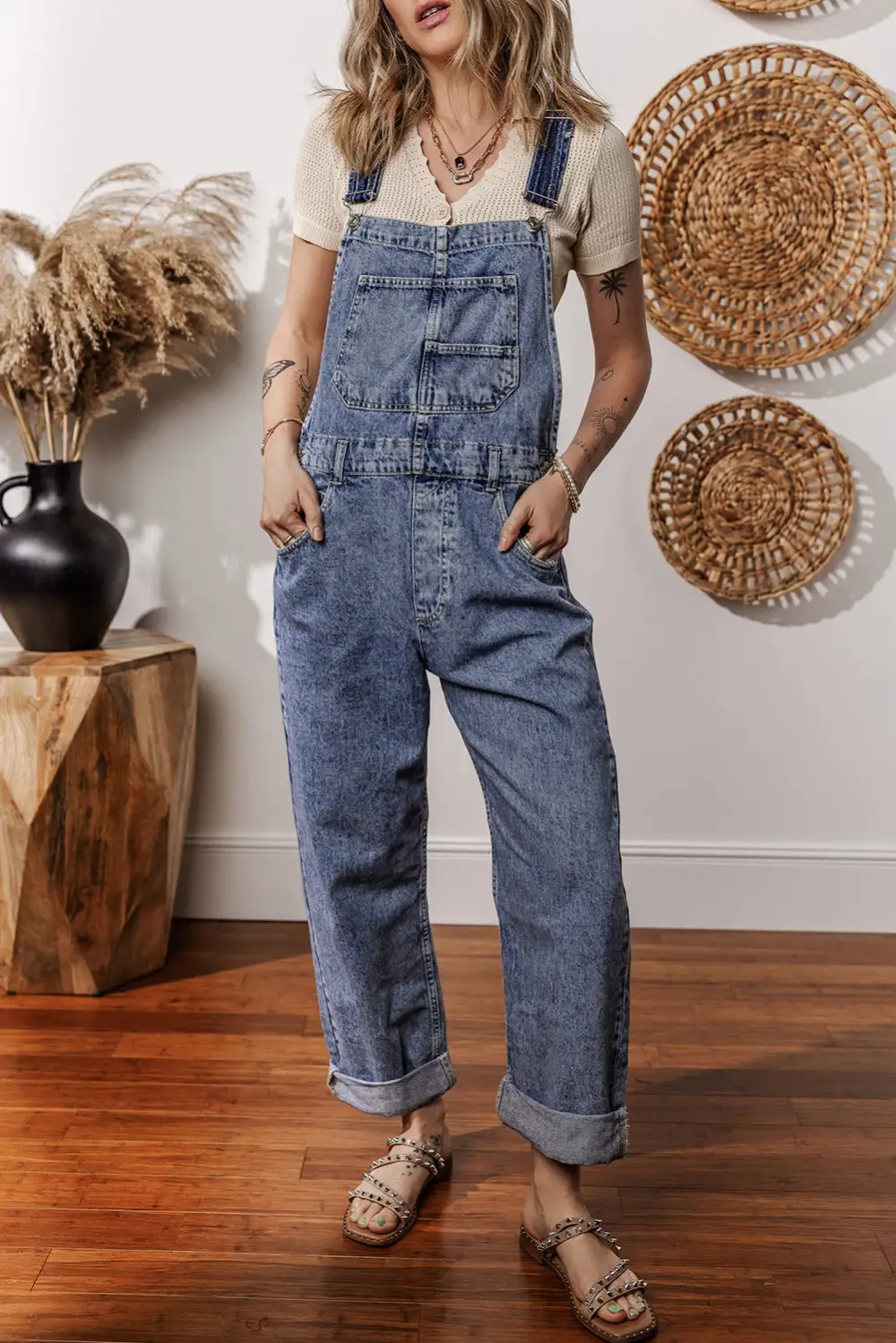 Denim Bib Straight Leg Jumpsuit With Pockets