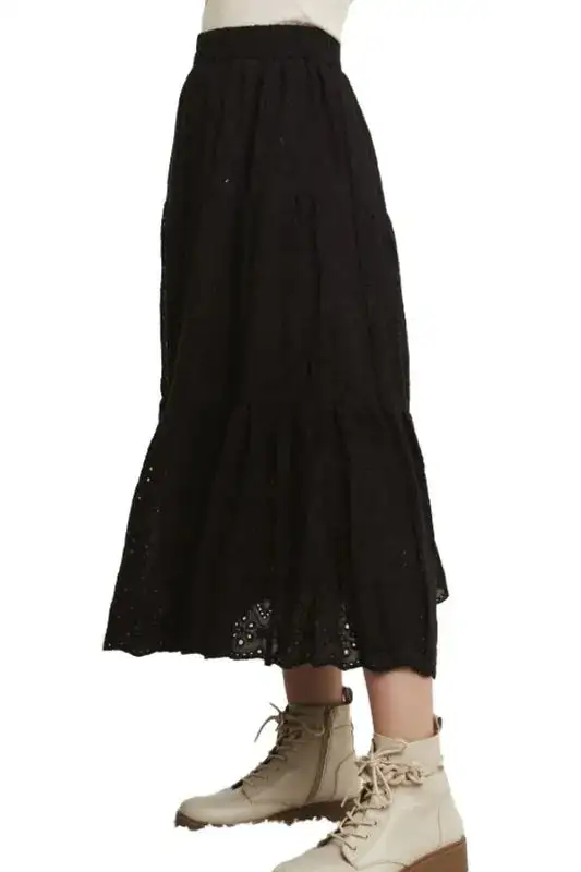 Relaxed Elastic Waistband Tiered Midi Skirt