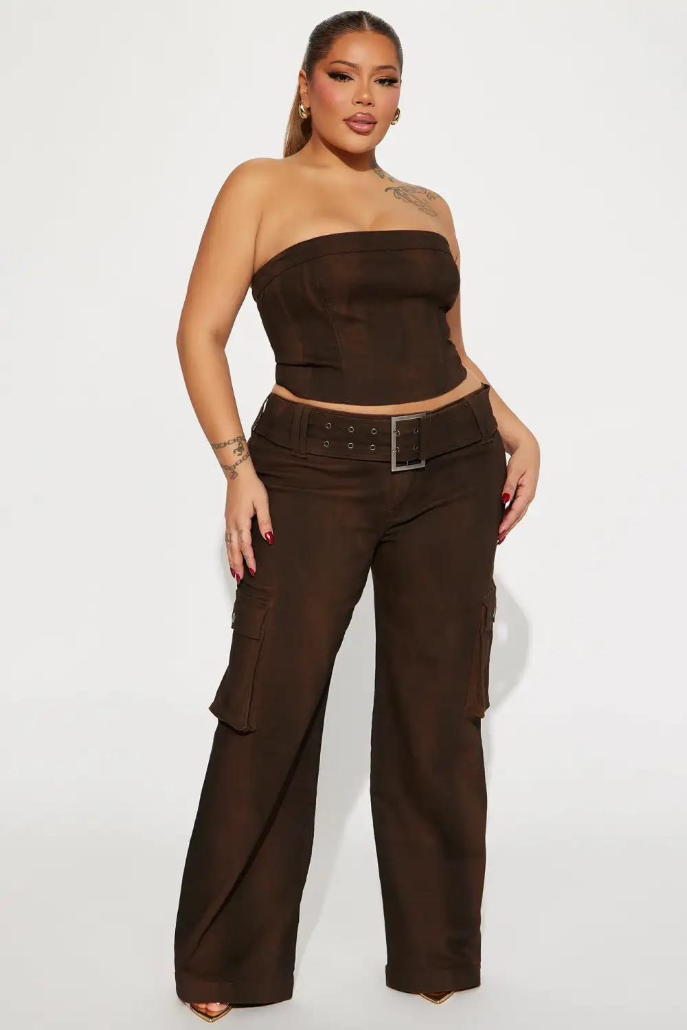 Jeanne Denim Washed Pant Set - Brown