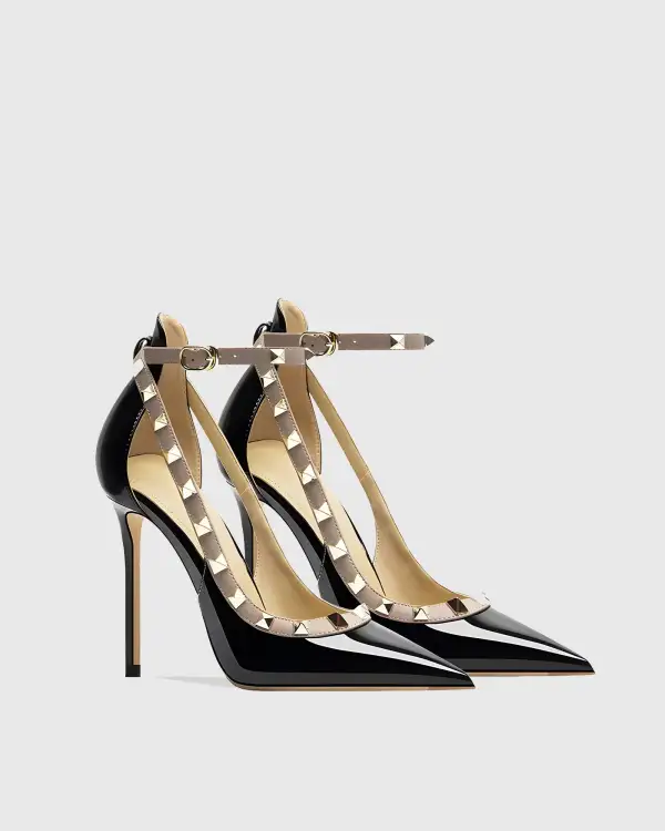 Rivet Embellished Strap Cutout Pumps in Black